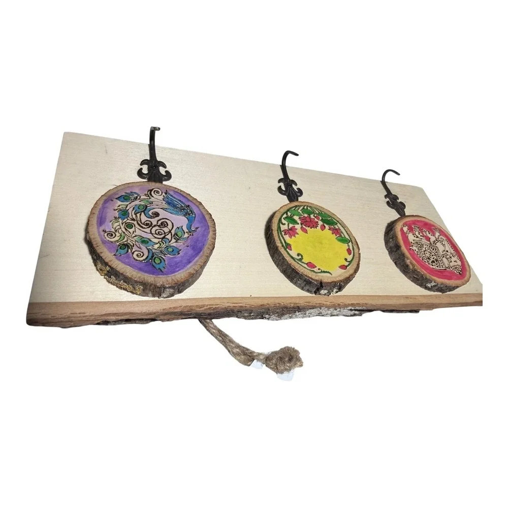 Boho‎ Artisan Wood Slice Wall Hook Rack Hand Painted Elephant Peacock  Decor